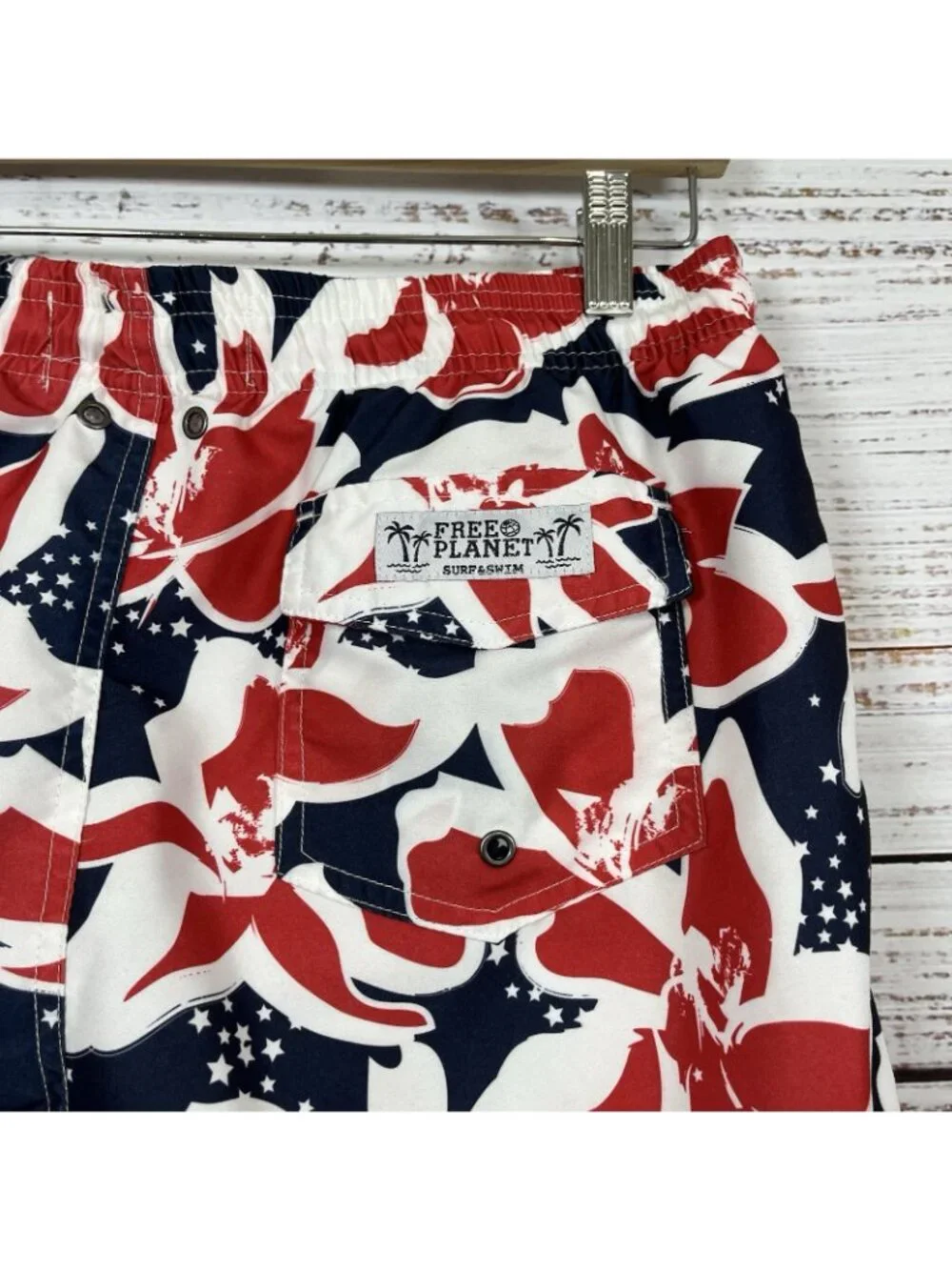 Free Planet Shirt & Swim Shorts Red White Blue Floral Button Short Sleeve